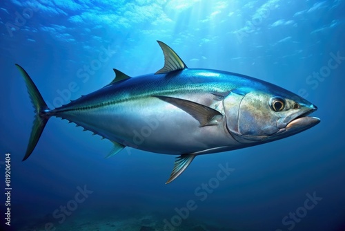 Tuna swimming in the depths of the ocean, with bright lights shining through the water.
