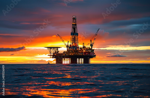 an oil rig in the middle of the ocean beautiful evening golden hour light © Sattawat