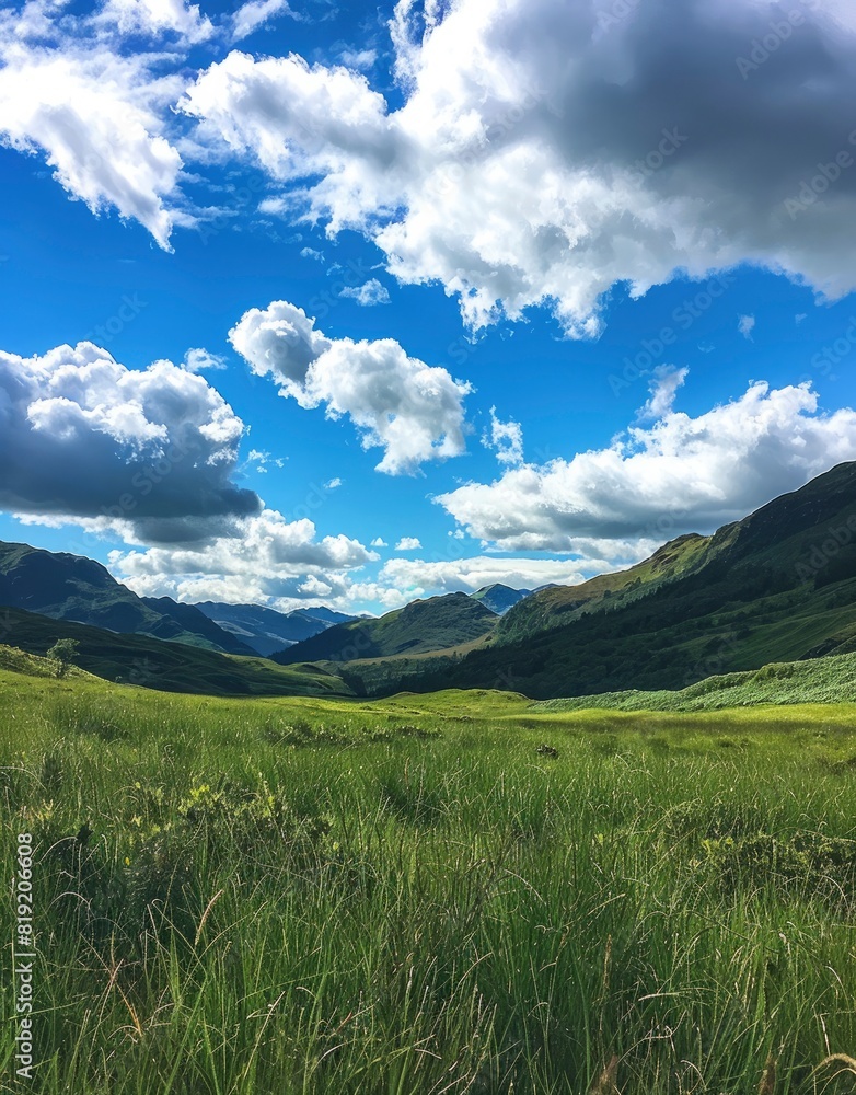 Fototapeta premium Majestic Scottish Highlands A Serene Green Valley under a Blue Sky