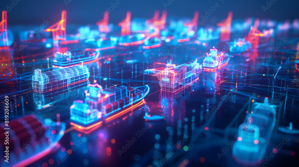 Futuristic Bokeh-Infused Nighttime Cityscape with Ships Futuristic Bokeh-Infused Nighttime Cityscape with Ships