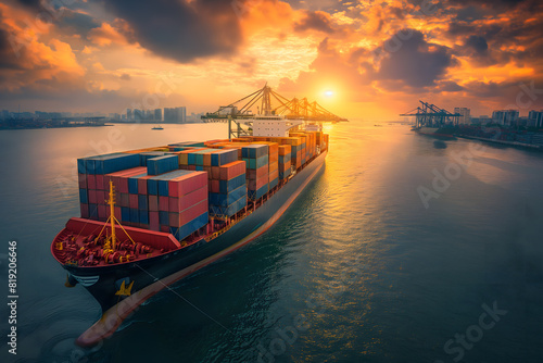 Majestic Cargo Ship at Sunrise Sailing on Calm Ocean Waters