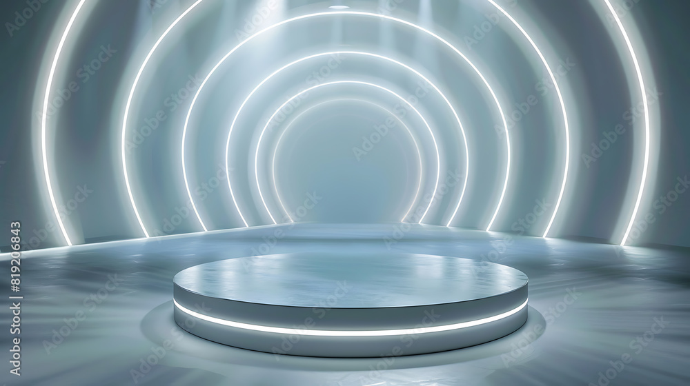 Fototapeta premium Floating Light Rings Podium: Sleek Metallic Podium with Light Rings
