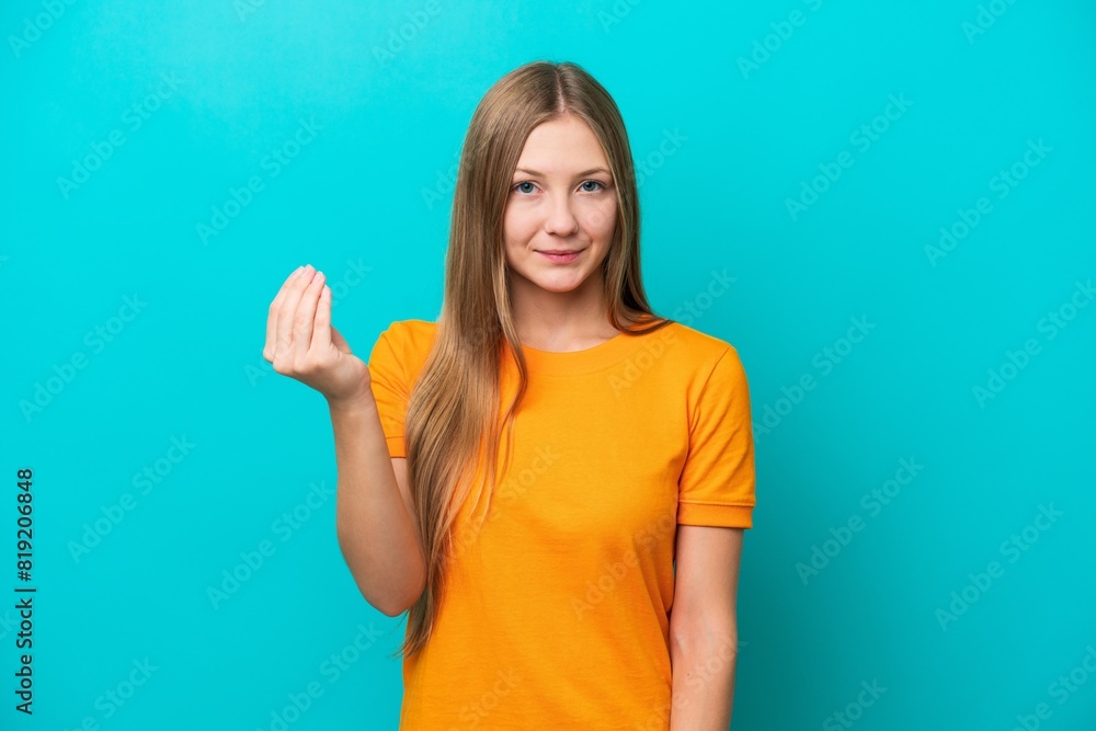 Young Russian woman isolated on blue background making Italian gesture Young Russian woman isolated on blue background making Italian gesture