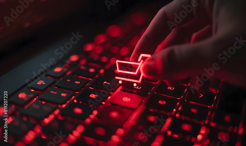 Close-Up of Finger Pressing a Shopping Cart Key on a Backlit Keyboard