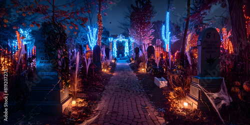 A night scene with a spooky Halloween garden display  including ghosts  tombstones  and eerie lighting