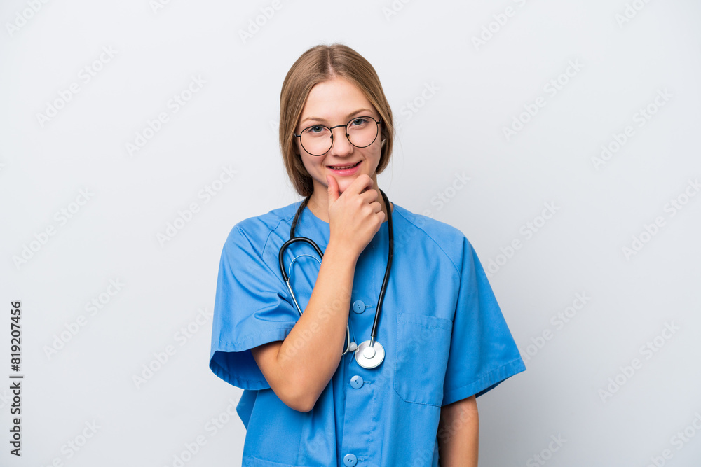 Young nurse doctor woman isolated on white background with glasses and smiling Young nurse doctor woman isolated on white background with glasses and smiling
