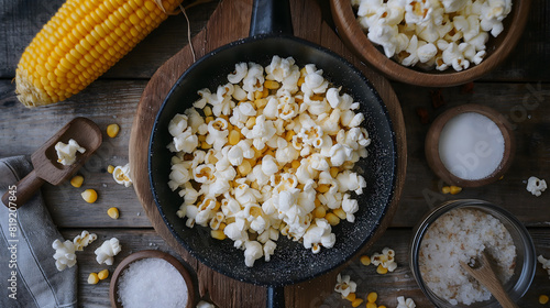 Gourmet Popcorn Preparation with Corn Cobs and Kernels on Rustic Table