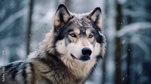 Portrait of a wolf in the winter forest