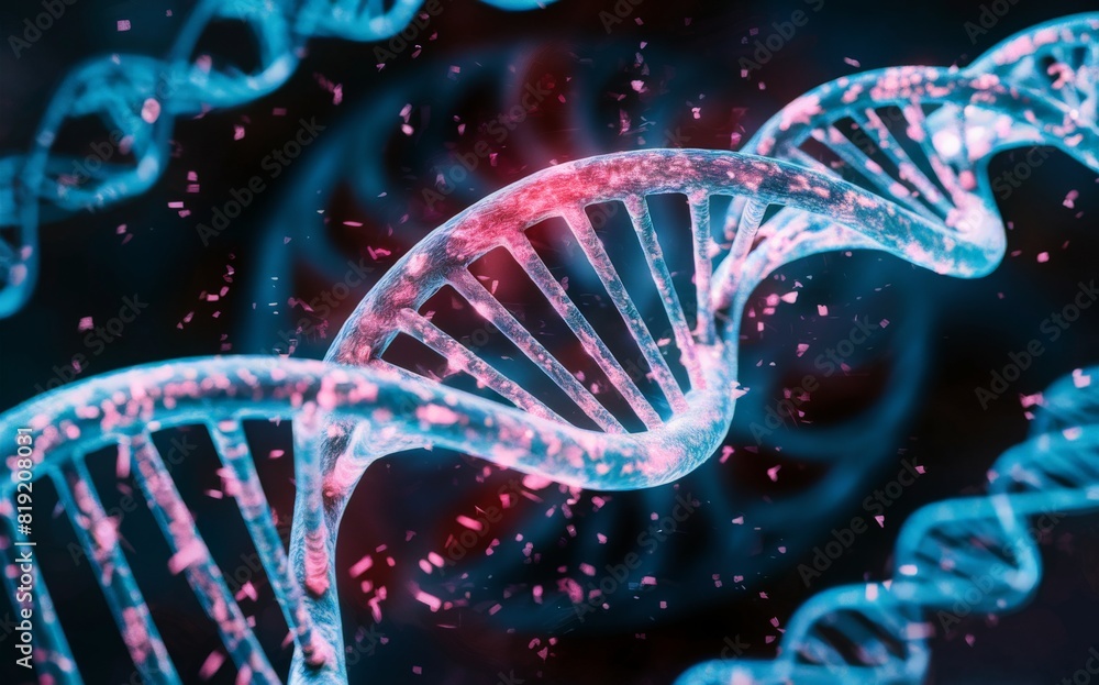 Futuristic Digital DNA Strand with Pink Particles Futuristic Digital DNA Strand with Pink Particles