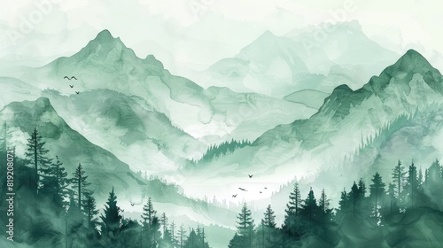 Mountain and forest water color light green background . Natural background