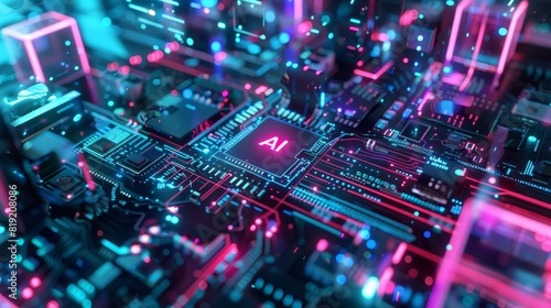 Futuristic AI Processor Mainboard with Dynamic Lights and Intricate Circuitry Design