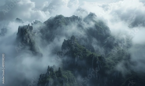 aerial view of rocky cliffs covered by the clouds.  photo
