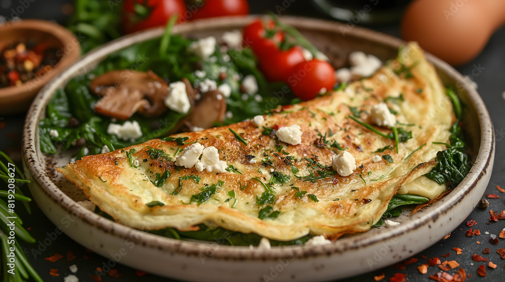 Delicious Homemade Spinach and Mushroom Omelette on a Plate Delicious Homemade Spinach and Mushroom Omelette on a Plate