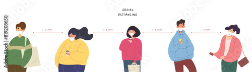 Group of people standing and social distancing during COVID-19 epidemic. Concept of virus infective prevention, crowd avoidance, reducing contact. Health care. Flat vector illustration character.