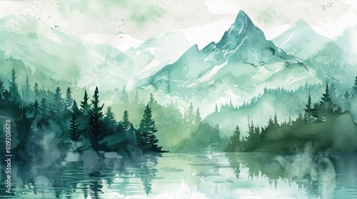Mountain and forest water color light green background . Natural background