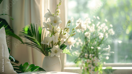 Elegant white flower arrangement in sunlit room