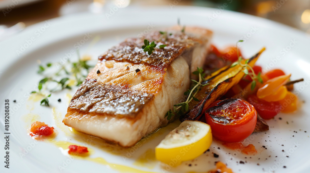 Grilled fish fillet with roasted vegetables and herbs on white plate Grilled fish fillet with roasted vegetables and herbs on white plate