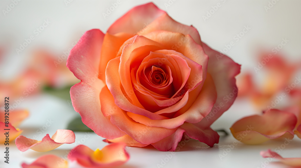 Obraz premium Single Orange Rose with Leaves on a Neutral Background