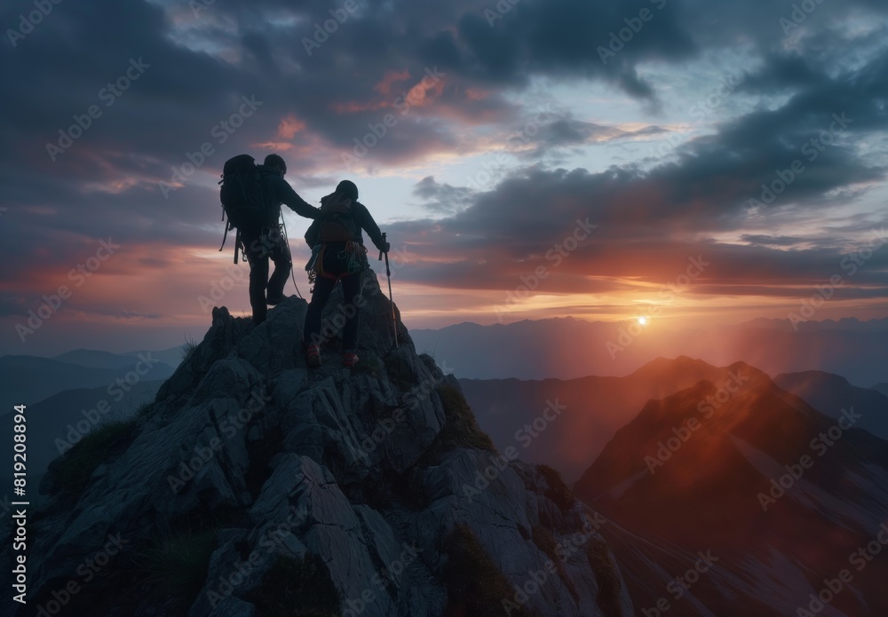 Two climbers achieve summit at dusk, showcasing determination and adventure against a stunning sunset sky