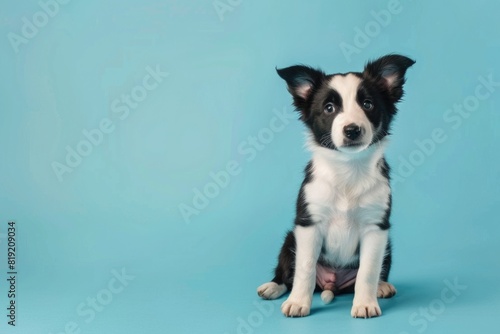 A black and white dog sitting on a blue surface, suitable for pet-related designs