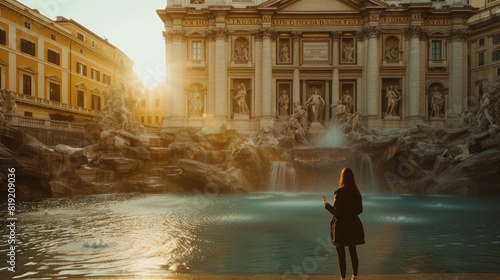 Back view of young cute woman looking at beautiful elegant tourist attraction with waterfall. Attractive tourist standing in front of elegant palace or architectural building and modern statue. AIG42.