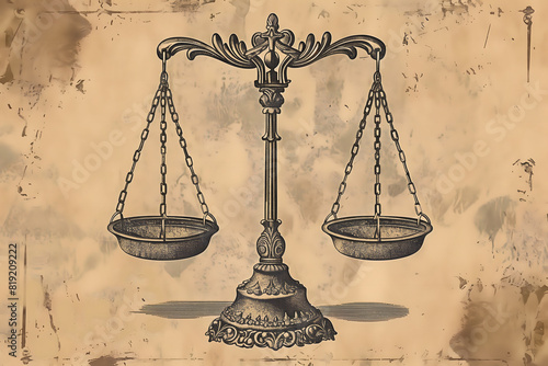 An illustration of a balanced scale symbolizing the law, with ornate detailing and a classical design photo