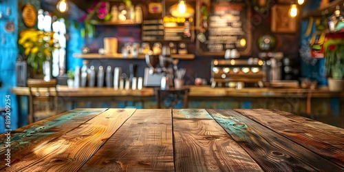 Retroinspired business decor with vintage coffee shop vibes and empty wooden tabletop. Concept Retro Business Decor  Vintage Coffee Shop Vibes  Empty Wooden Tabletop  Interior Design Ideas