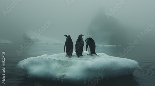 Mysterious Antarctic Landscape with Penguins on Iceberg