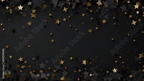 Black and gold stars confetti on black background.