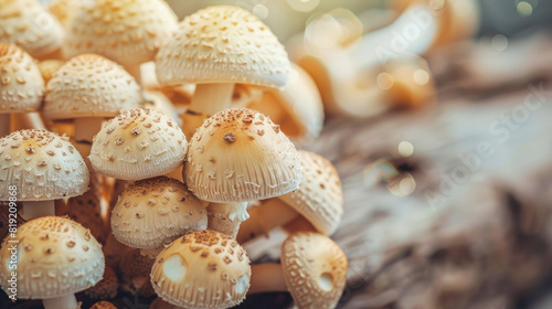 Close up beautiful bunch of light color mushrooms in wood background texture, Macro view