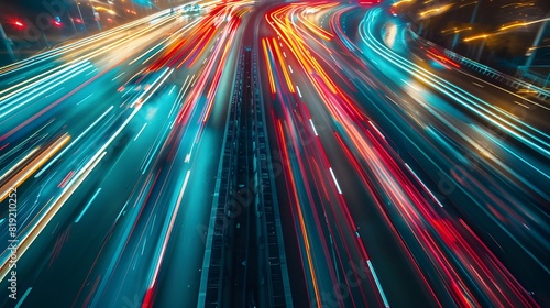 Abstract long exposure photography, motion blur lighting effect, and fast-moving metropolitan traffic during nighttime rush hour are captured in this shot.