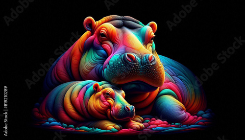 Abstract Colorful Hippo mom and baby with a solid black background