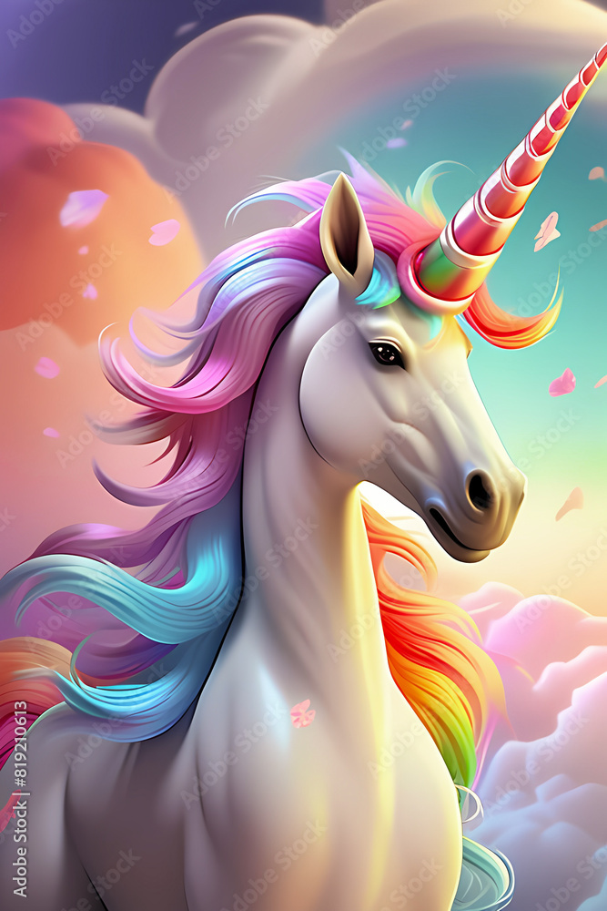 cartoon of unicorn surrounded by rainbow clouds set against a pastel background cartoon of unicorn surrounded by rainbow clouds set against a pastel background