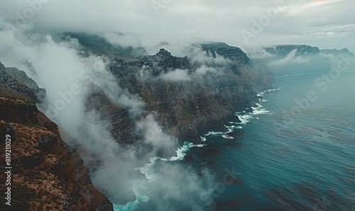 aerial view of rocky cliffs covered by the clouds. 