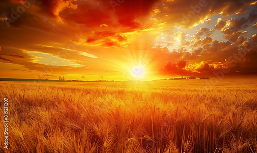 A wonderful sunrise over a wheat field. When the first rays of sunlight touch the delicate ears of corn  the world seems promising and full of possibilities.