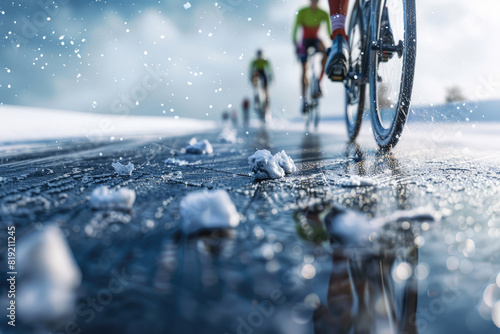 closeup of On Photorealistic shot of a winter triathlon, athletes cycling on icy road, snow-covered landscape