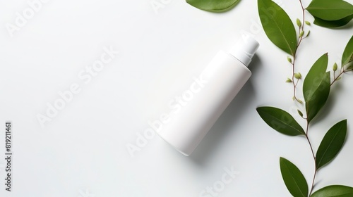 Cosmetic bottle on white background with green leaves