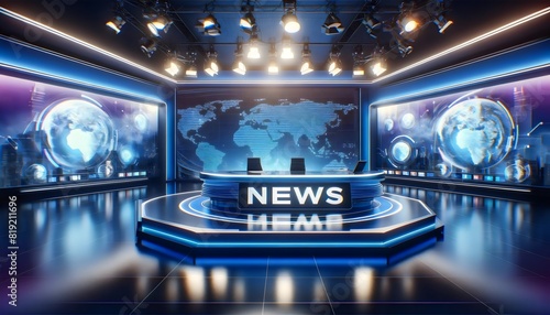 A futuristic news studio equipped with advanced technology and modern design elements. The news desk prominently displays the word 