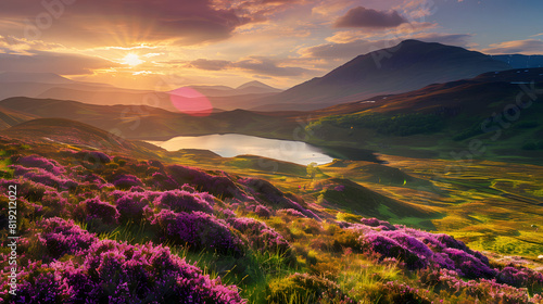 sunset over scottish highlands landscape with purple heather blooms green rolling hills lochs leading to distant mountains beauty 