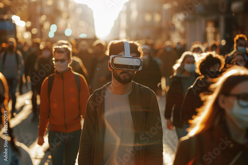 crowd of people commuting to work wearing VR headset, morning golden hour light photo