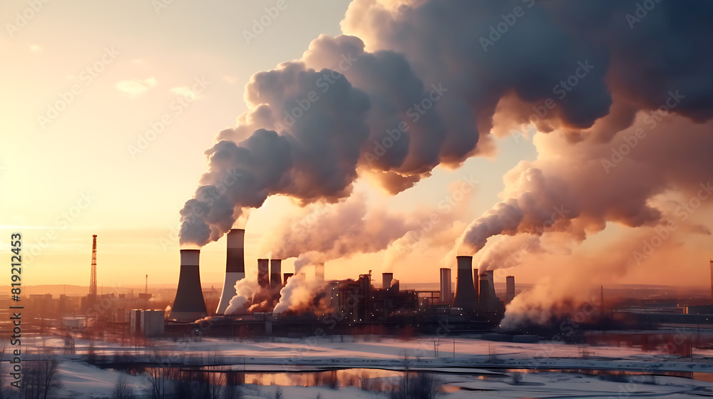 Smokestack pipes emitting co2 from coal thermal power plant into atmosphere. Smoke from heating station in big city during winter season at sunset Smokestack pipes emitting co2 from coal thermal power plant into atmosphere. Smoke from heating station in big city during winter season at sunset
