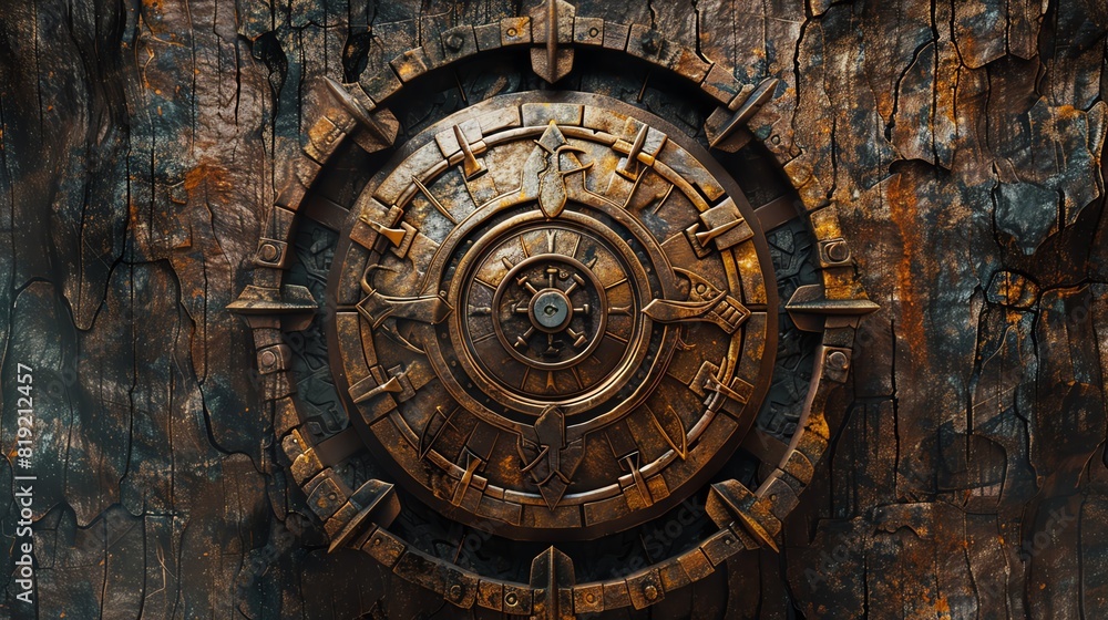 Rustic metal vault door embedded in a weathered, aged wall, showcasing intricate patterns and rugged textures, evoking a sense of security and history Rustic metal vault door embedded in a weathered, aged wall, showcasing intricate patterns and rugged textures, evoking a sense of security and history