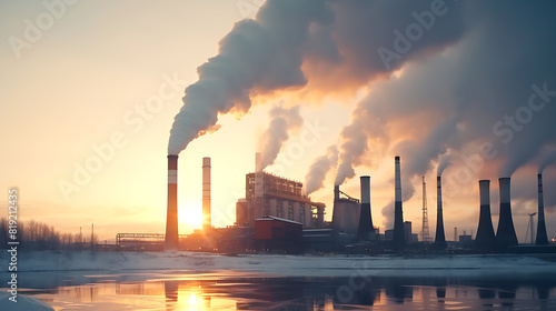 Smokestack pipes emitting co2 from coal thermal power plant into atmosphere. Smoke from heating station in big city during winter season at sunset