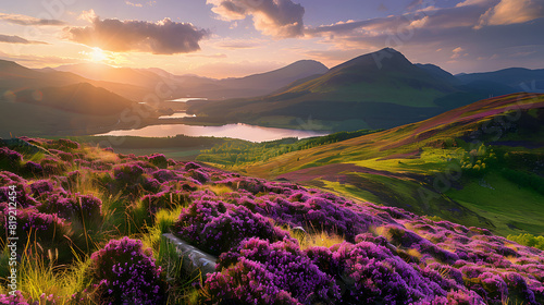 sunset over scottish highlands landscape with purple heather blooms green rolling hills lochs leading to distant mountains beauty  photo