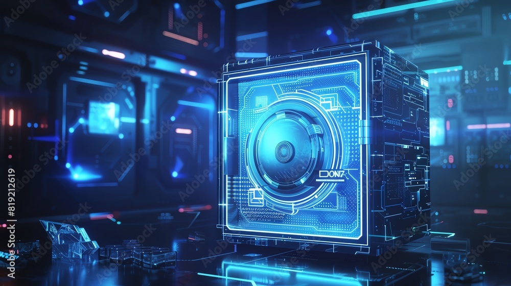 Futuristic digital vault with glowing blue lights, representing high-tech security in a sci-fi themed environment. Futuristic digital vault with glowing blue lights, representing high-tech security in a sci-fi themed environment.