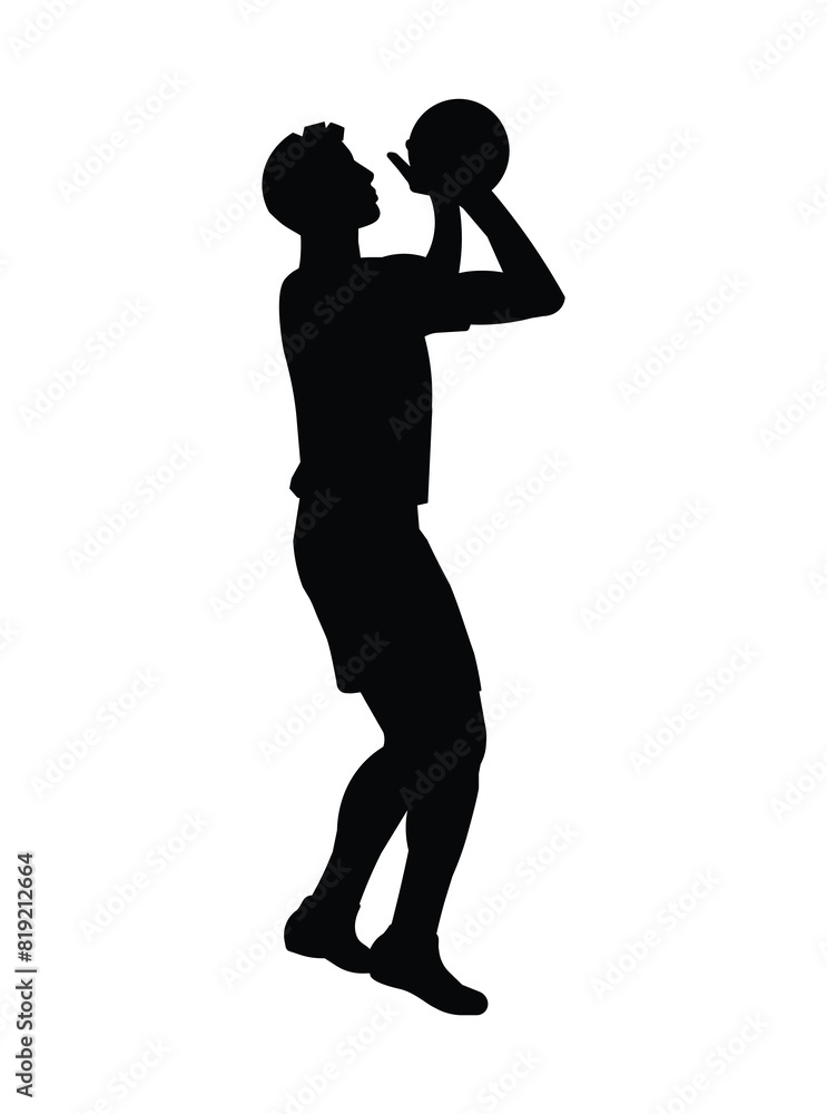 Black silhouette of a volleyball player jumps up to push the ball with two hands Black silhouette of a volleyball player jumps up to push the ball with two hands