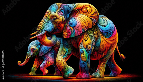 Abstract Colorful Artwork of an Elephant and calf with a solid black background