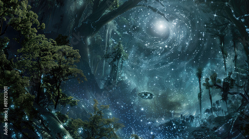Cybernetic Atlantis, hidden in galaxy forests, where stars meet ancient canopies photo