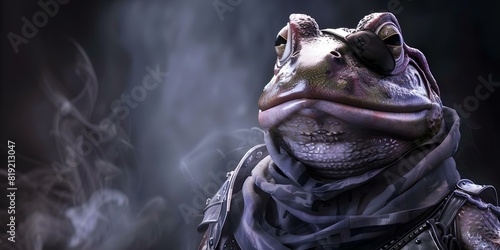 A cyberpunk Frog knight sporting a black eyepatch radiates confidence and flair. Concept fantasy, cyberpunk, character design, frog knight, confident photo