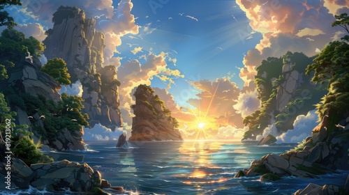 Fantasy land in a cartoon world. The light of the sun in the sky with clouds and mountains and sea photo
